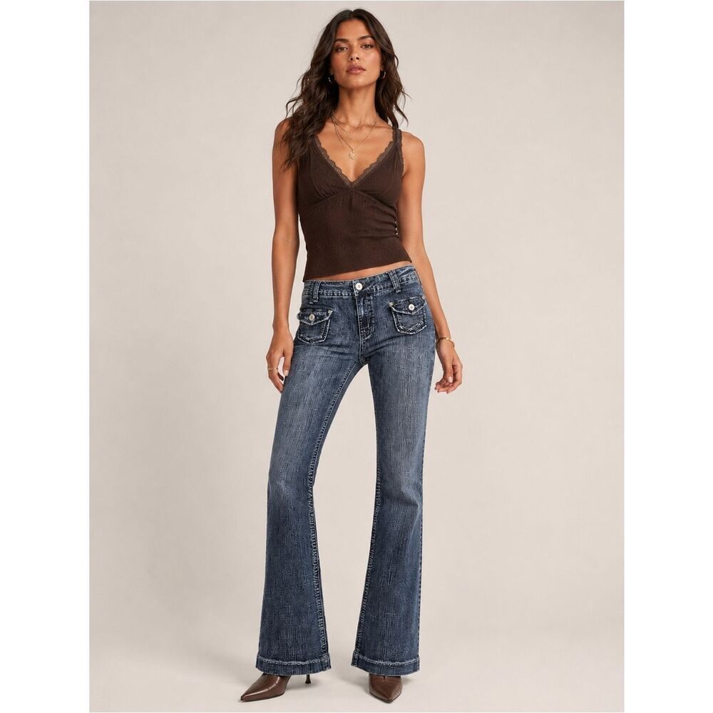 Mud Dark Wash Blue Black Flare Jeans with Pocket Detailing Y2K Denim Cotton 15